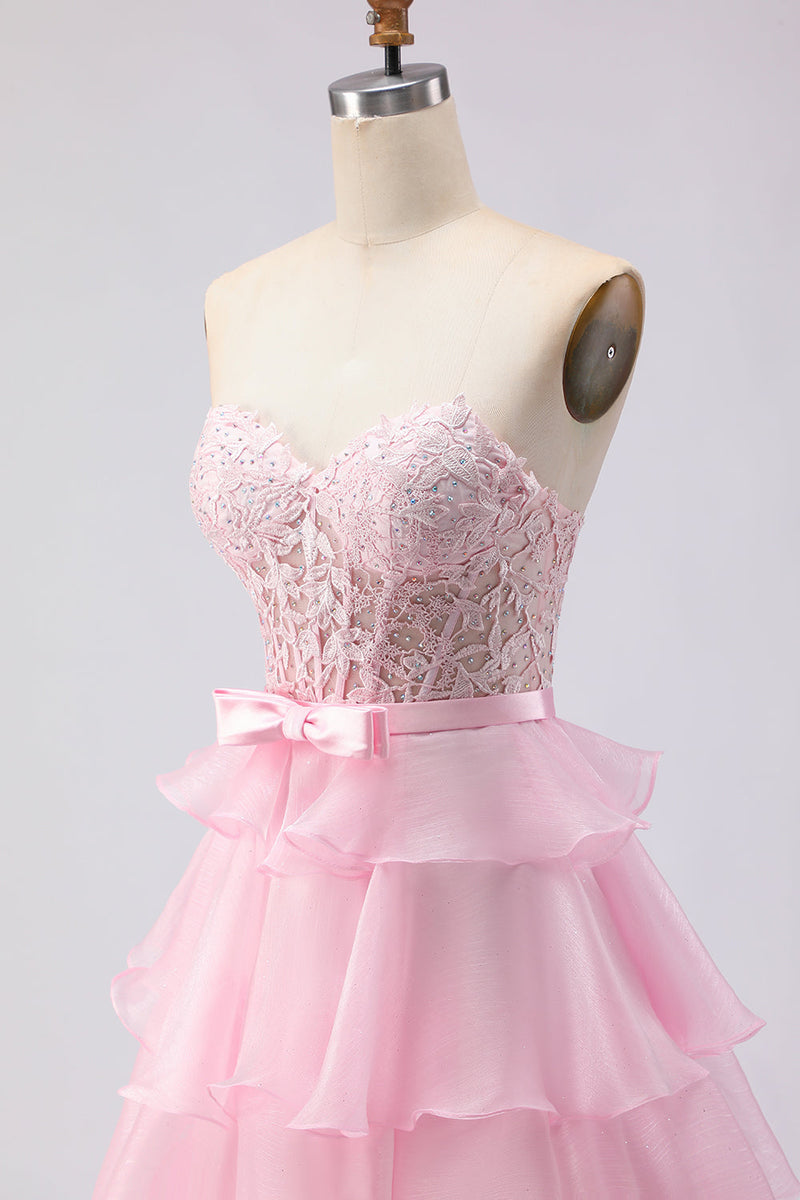 Laden Sie das Bild in den Galerie-Viewer, Rosa Trägerloses Gestuftes Korsett Perlen Lange Ballkleid mit Schlitz