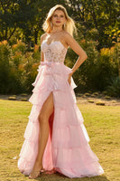 Laden Sie das Bild in den Galerie-Viewer, Rosa Herzausschnitt A-Linie Korsett Langes Ballkleid mit Schlitz