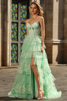 Laden Sie das Bild in den Galerie-Viewer, Grünes A-Linie Korsett Herzausschnitt Gestuftes Rüschendes Langes Ballkleid mit Pailletten