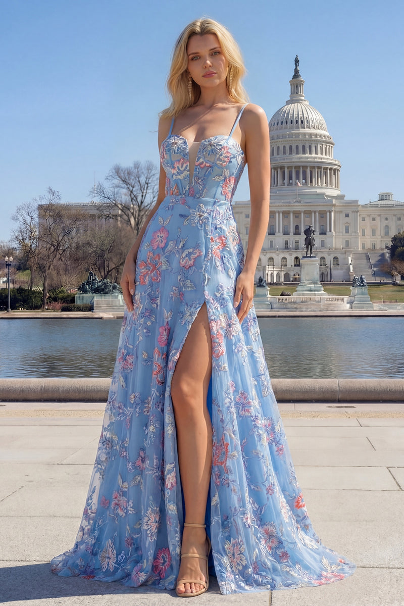 Laden Sie das Bild in den Galerie-Viewer, Blaues A-Linie Korsett Schnürung Besticktes Langes Blumen Ballkleid mit Schlitz