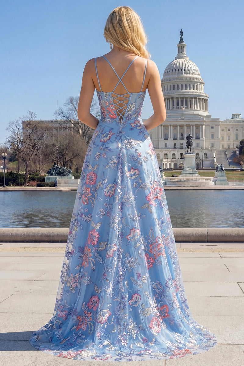 Laden Sie das Bild in den Galerie-Viewer, Blaues A-Linie Korsett Schnürung Besticktes Langes Blumen Ballkleid mit Schlitz