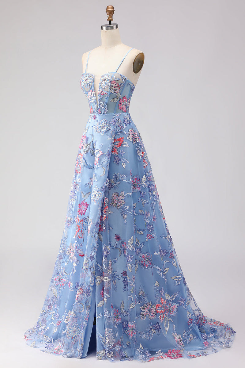 Laden Sie das Bild in den Galerie-Viewer, Blaues A-Linie Korsett Schnürung Besticktes Langes Blumen Ballkleid mit Schlitz