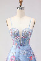 Laden Sie das Bild in den Galerie-Viewer, Blaues A-Linie Korsett Schnürung Besticktes Langes Blumen Ballkleid mit Schlitz