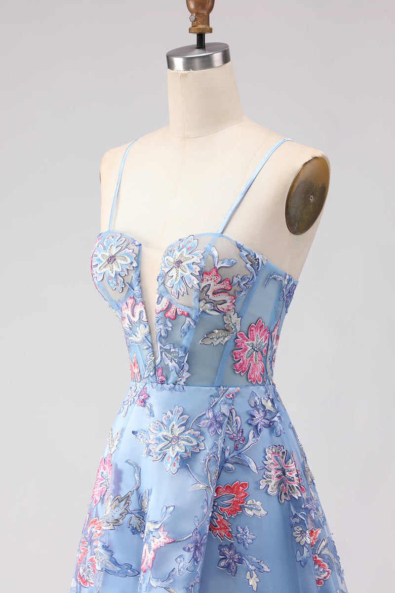 Laden Sie das Bild in den Galerie-Viewer, Blaues A-Linie Korsett Schnürung Besticktes Langes Blumen Ballkleid mit Schlitz