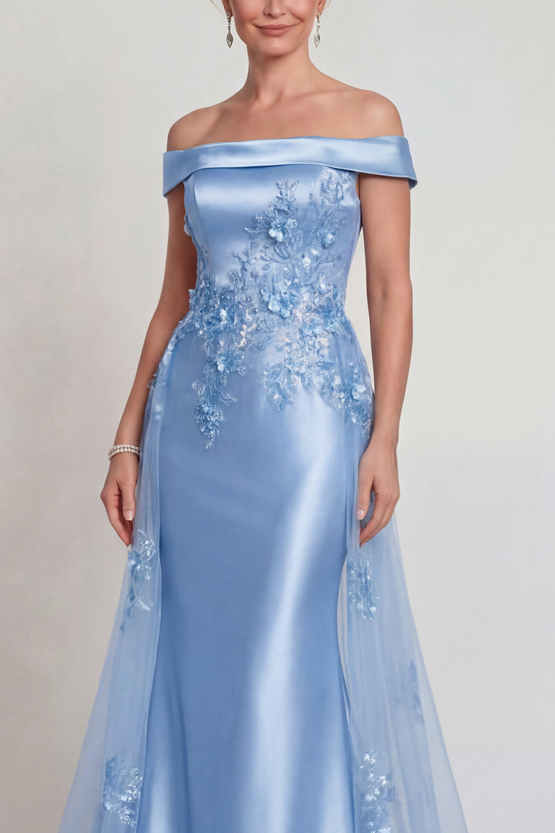 Laden Sie das Bild in den Galerie-Viewer, Champagner Schulterfreies Applikationen Satin Meerjungfrau Mutter der Braut Kleid