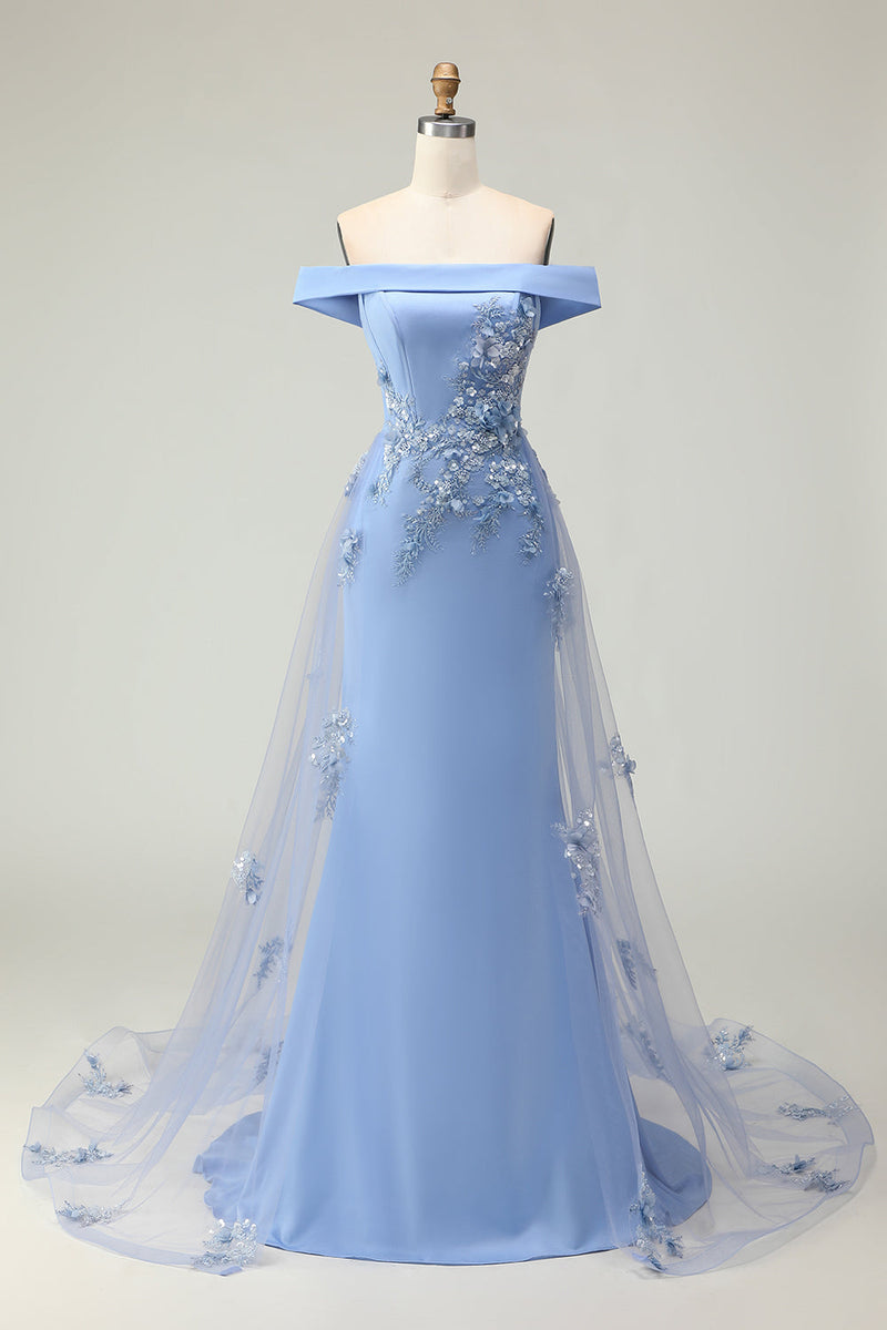 Laden Sie das Bild in den Galerie-Viewer, Schulterfreies Grau-blaues Meerjungfrauen Ballkleid mit Pailletten