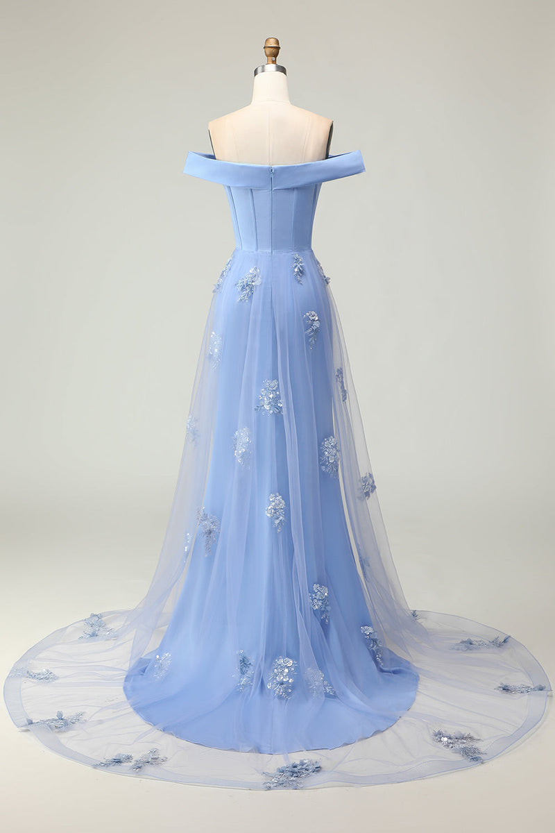 Laden Sie das Bild in den Galerie-Viewer, Schulterfreies Grau-blaues Meerjungfrauen Ballkleid mit Pailletten