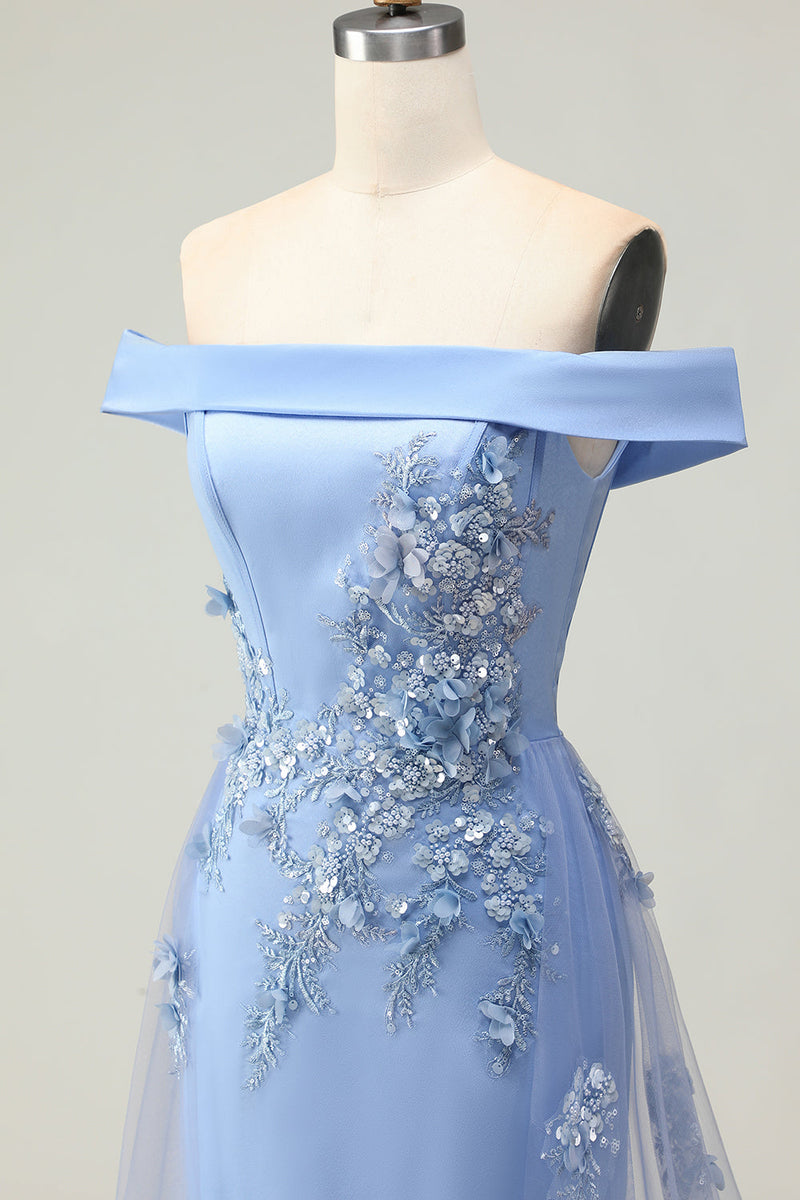 Laden Sie das Bild in den Galerie-Viewer, Schulterfreies Grau-blaues Meerjungfrauen Ballkleid mit Pailletten