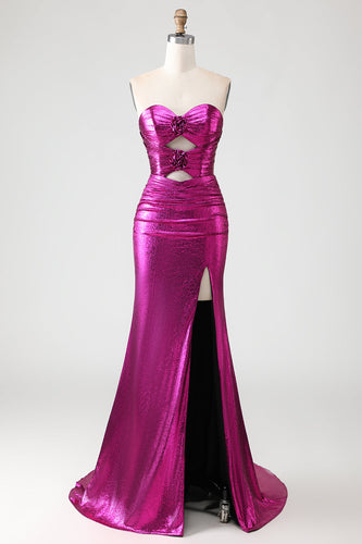 Metallisches Fuchsia Meerjungfrauen Trägerloses 3D-Blumen Langes Ballkleid mit Schlitz