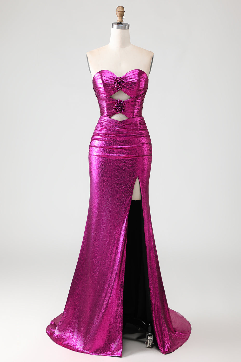 Metallisches Fuchsia Meerjungfrauen Trägerloses 3D-Blumen Langes Ballkleid mit Schlitz
