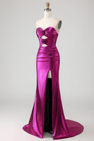 Laden Sie das Bild in den Galerie-Viewer, Metallisches Fuchsia Meerjungfrauen Trägerloses 3D-Blumen Langes Ballkleid mit Schlitz
