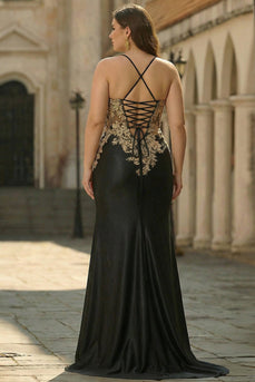 Schwarzes Meerjungfrauen Perlenbesticktes Pailletten Langes Plus Size Abendkleid mit Schlitz
