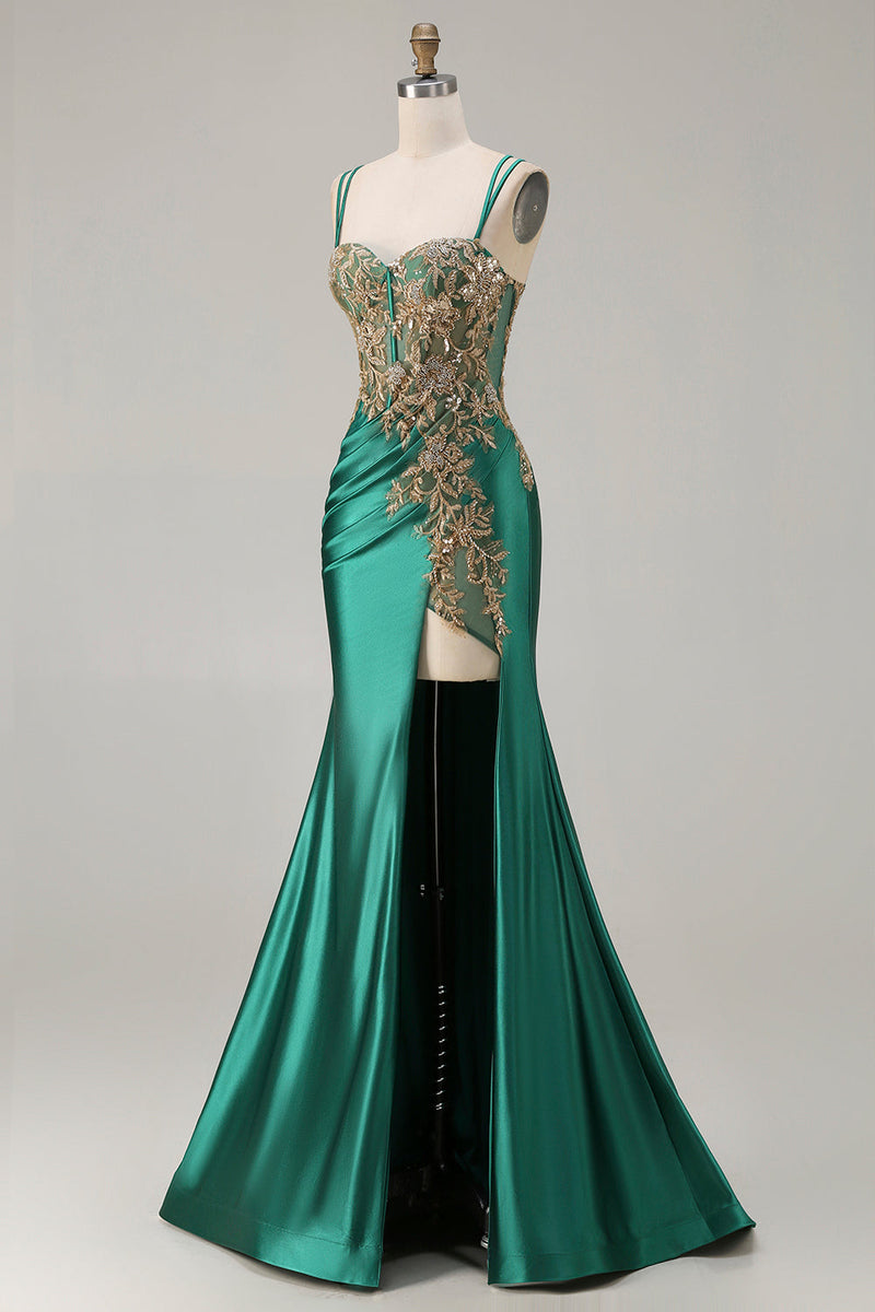 Laden Sie das Bild in den Galerie-Viewer, Dunkelgrünes Meerjungfrauen Paillettenbesetztes Plus-Size Langes Ballkleid mit Schlitz