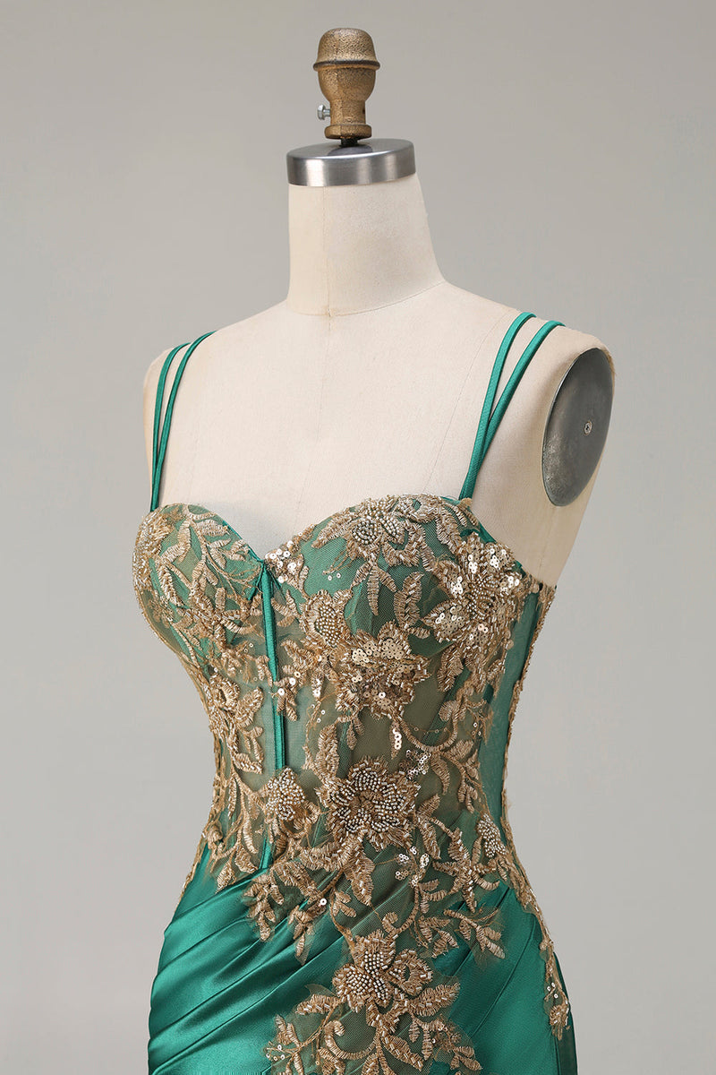 Laden Sie das Bild in den Galerie-Viewer, Schwarzes Meerjungfrauen Perlenbesticktes Satin Pailletten Langes Ballkleid mit Schlitz