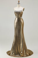 Laden Sie das Bild in den Galerie-Viewer, Metallisches Dunkelgoldenes Langes Trägerloses Perlenbesetztes Korsett Ballkleid