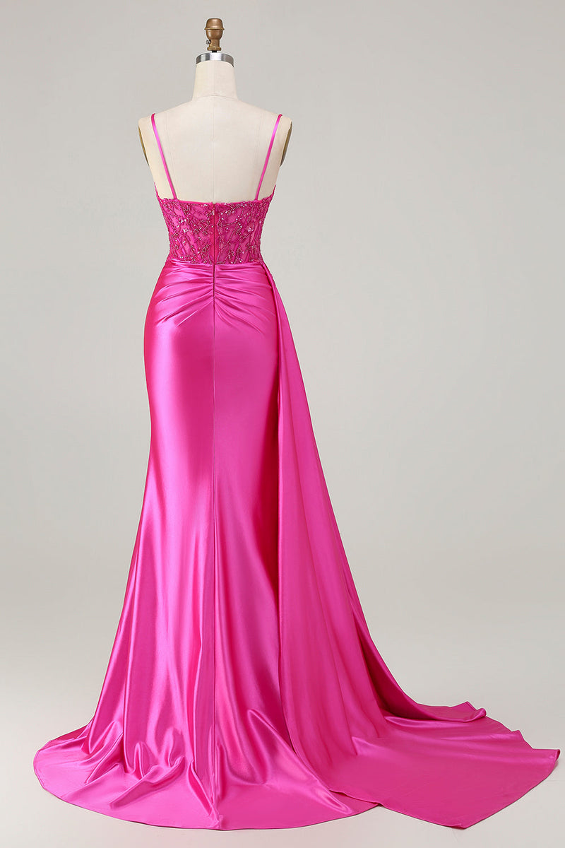 Laden Sie das Bild in den Galerie-Viewer, Fuchsia Meerjungfrauen Abendkleid mit Perlen und Rüschen und Schlitz