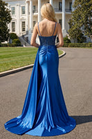 Laden Sie das Bild in den Galerie-Viewer, Marineblaues Meerjungfrauen Gerafftes Langes Ballkleid mit Schlitz