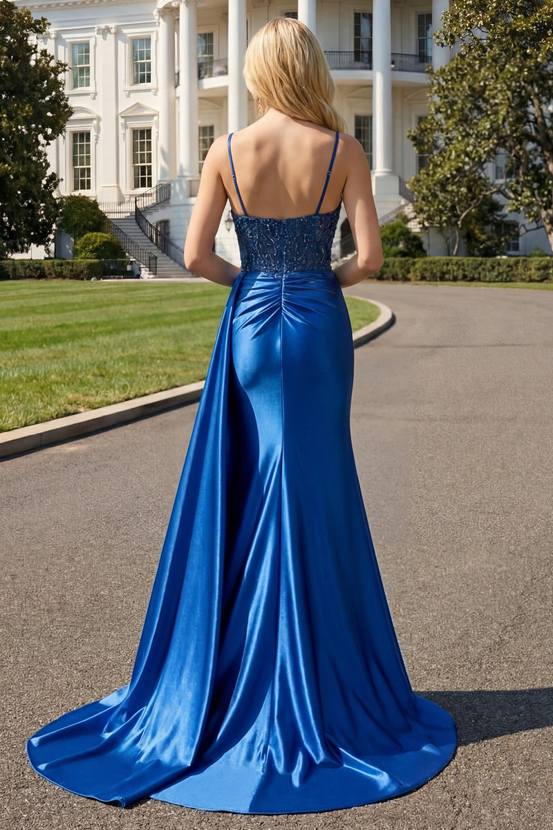 Laden Sie das Bild in den Galerie-Viewer, Marineblaues Meerjungfrauen Gerafftes Langes Ballkleid mit Schlitz