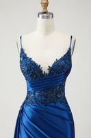 Laden Sie das Bild in den Galerie-Viewer, Marineblaues Meerjungfrauen Gerafftes Langes Ballkleid mit Schlitz