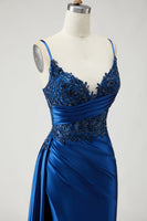 Laden Sie das Bild in den Galerie-Viewer, Marineblaues Meerjungfrauen Gerafftes Langes Ballkleid mit Schlitz