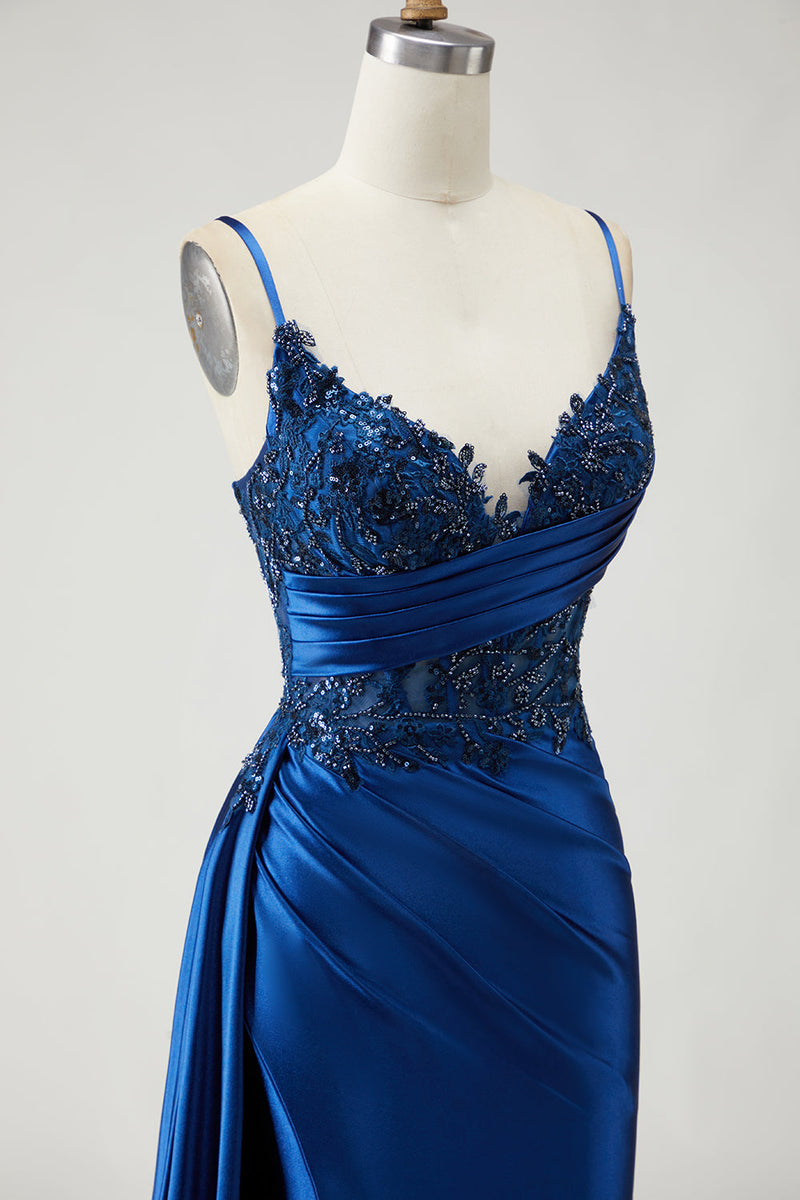 Laden Sie das Bild in den Galerie-Viewer, Marineblaues Meerjungfrauen Gerafftes Langes Ballkleid mit Schlitz