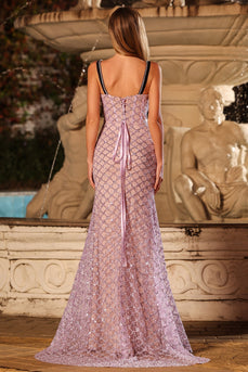 Meerjungfrauen Perlen Flieder Korsett Pailletten Langes Ballkleid mit Schlitz