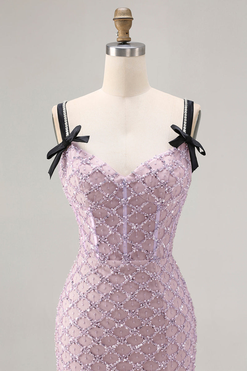 Laden Sie das Bild in den Galerie-Viewer, Flieder Meerjungfrauen Korsett Pailletten Langes Ballkleid mit Schlitz