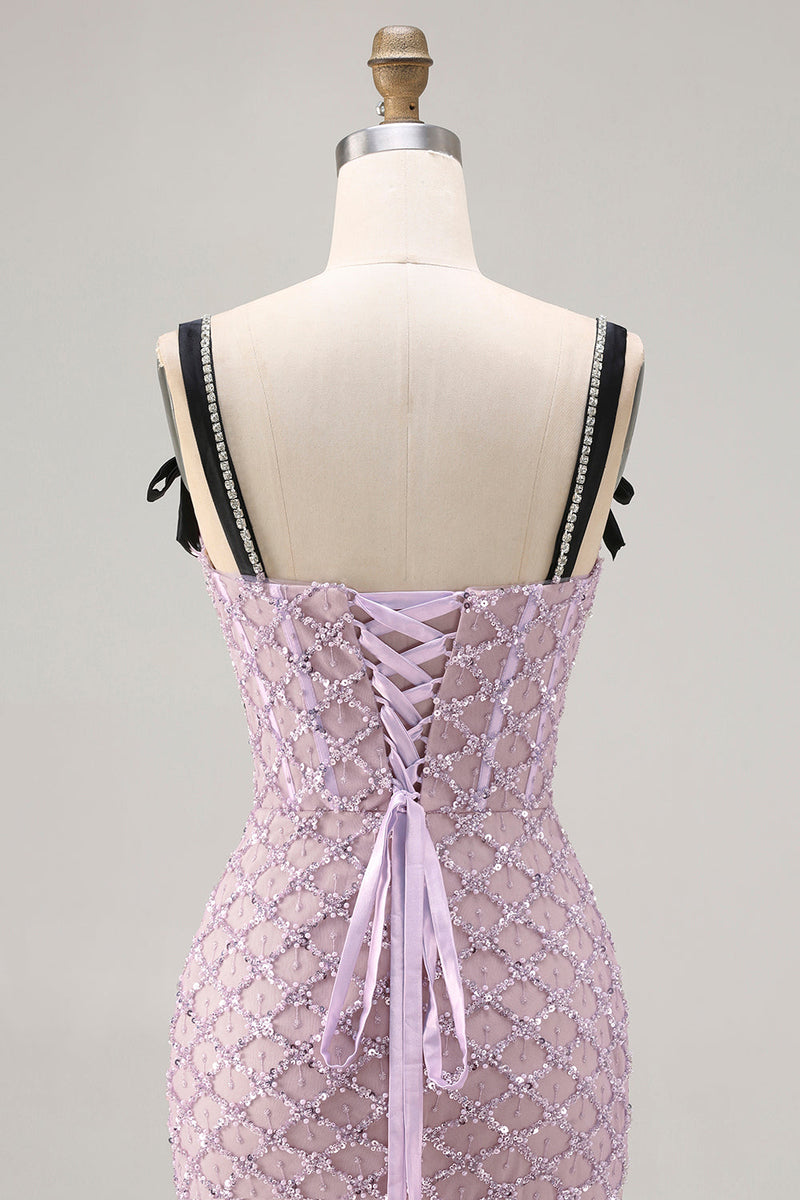 Laden Sie das Bild in den Galerie-Viewer, Flieder Meerjungfrauen Korsett Pailletten Langes Ballkleid mit Schlitz