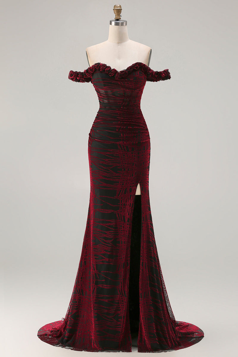 Laden Sie das Bild in den Galerie-Viewer, Schulterfreies Schwarzes Rotes Meerjungfrauen Korsett Übergröße Langes Ballkleid mit Schlitz
