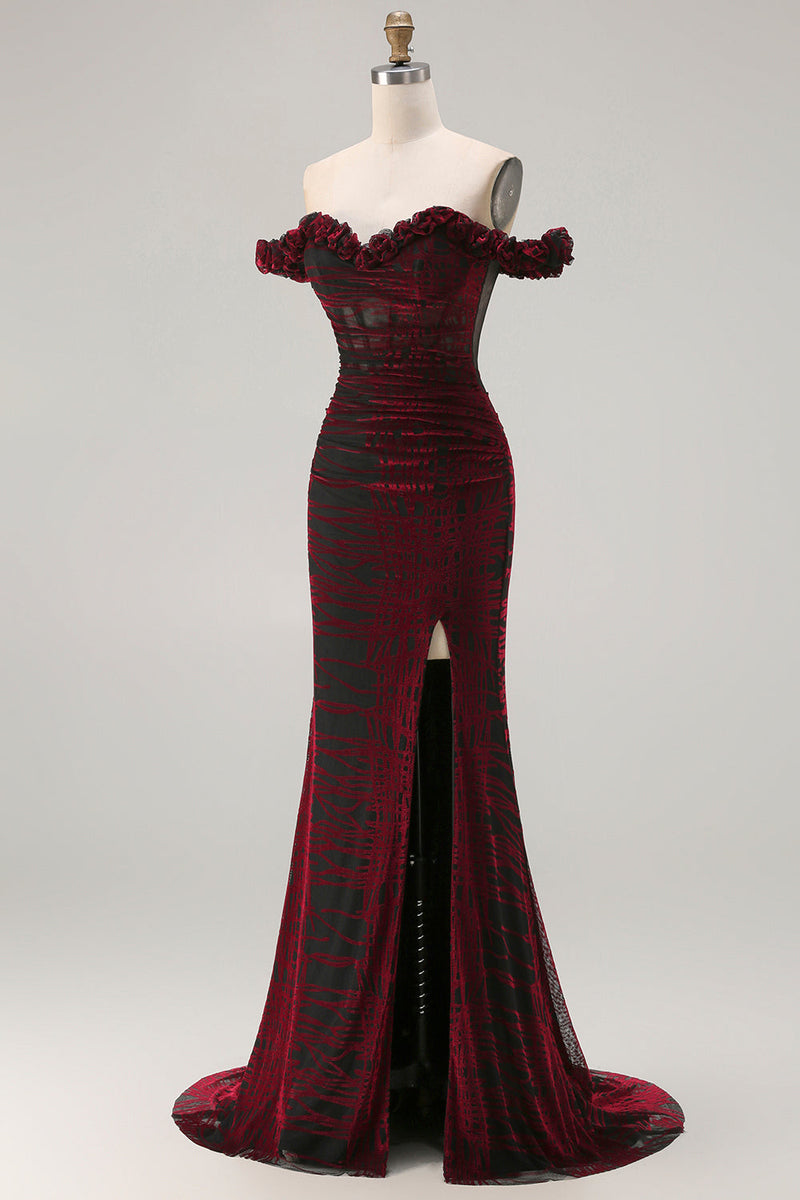 Laden Sie das Bild in den Galerie-Viewer, Schulterfreies Schwarzes Rotes Meerjungfrauen Korsett Übergröße Langes Ballkleid mit Schlitz