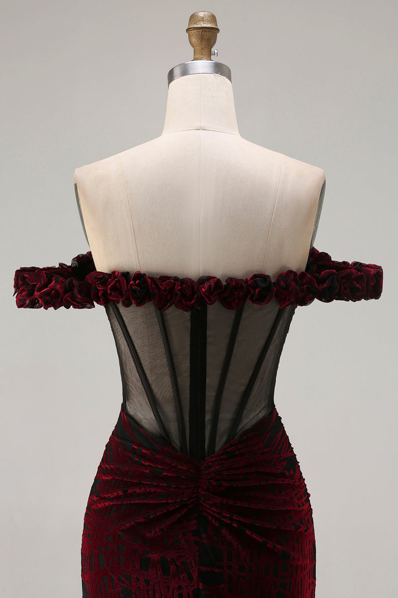 Laden Sie das Bild in den Galerie-Viewer, Schwarzrotes Meerjungfrauen Korsett Gerafftes Langes Ballkleid mit Schlitz