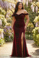 Laden Sie das Bild in den Galerie-Viewer, Schulterfreies Schwarzes Rotes Meerjungfrauen Korsett Übergröße Langes Ballkleid mit Schlitz