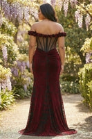 Laden Sie das Bild in den Galerie-Viewer, Schulterfreies Schwarzes Rotes Meerjungfrauen Korsett Übergröße Langes Ballkleid mit Schlitz