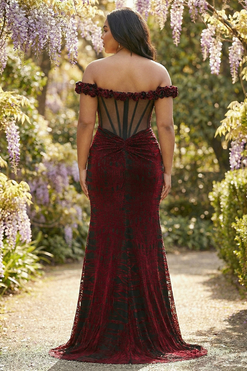 Laden Sie das Bild in den Galerie-Viewer, Schulterfreies Schwarzes Rotes Meerjungfrauen Korsett Übergröße Langes Ballkleid mit Schlitz