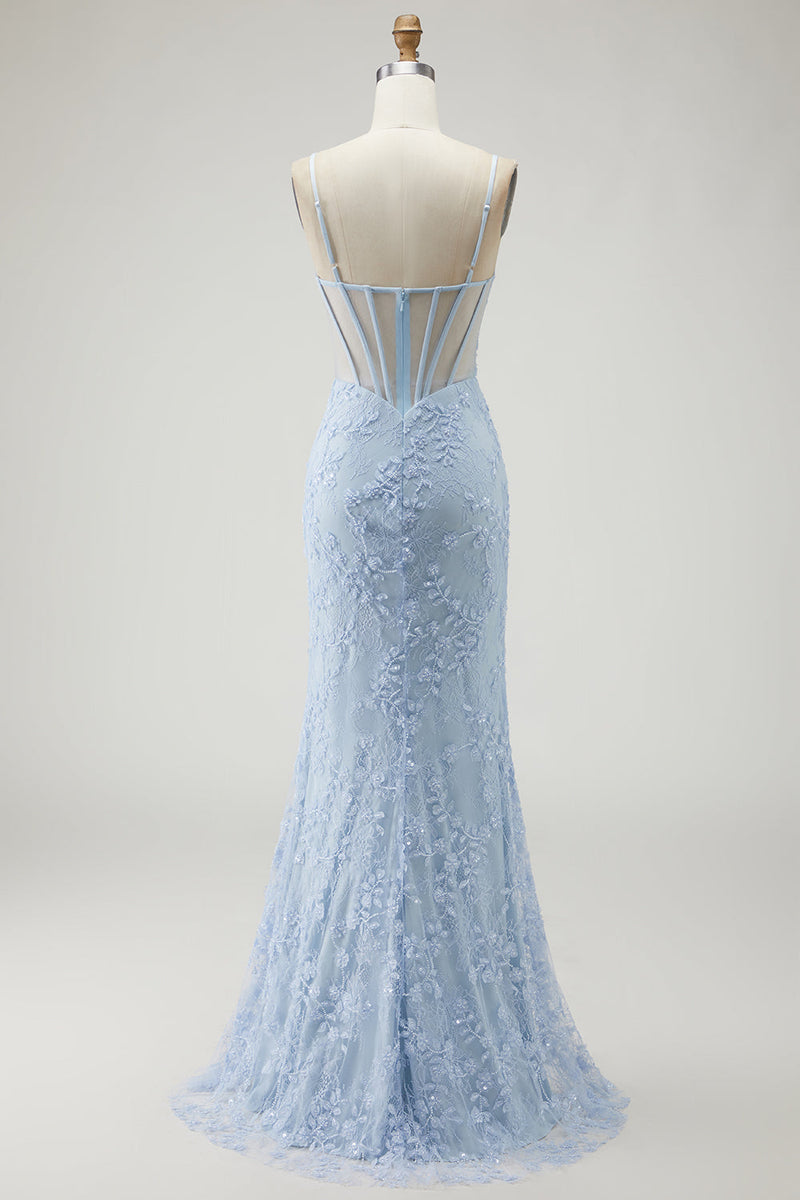 Laden Sie das Bild in den Galerie-Viewer, Blaues Meerjungfrauen Applikationen Korsett Spitze Langes Ballkleid mit Schlitz