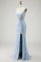 Laden Sie das Bild in den Galerie-Viewer, Blaues Meerjungfrauen Applikationen Korsett Spitze Langes Ballkleid mit Schlitz