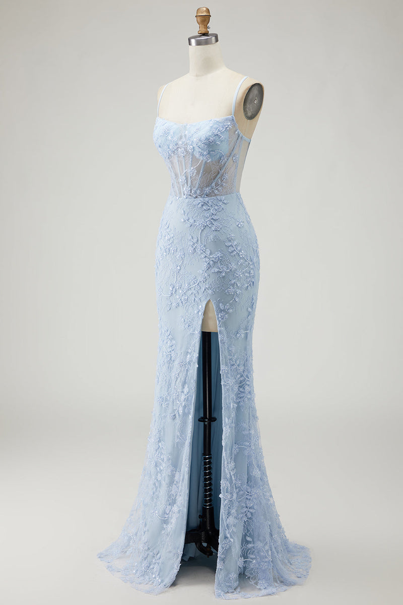 Laden Sie das Bild in den Galerie-Viewer, Lila Meerjungfrauen Spaghettiträger Transparentes Korsett Spitzen Perlen Langes Ballkleid mit Schlitz