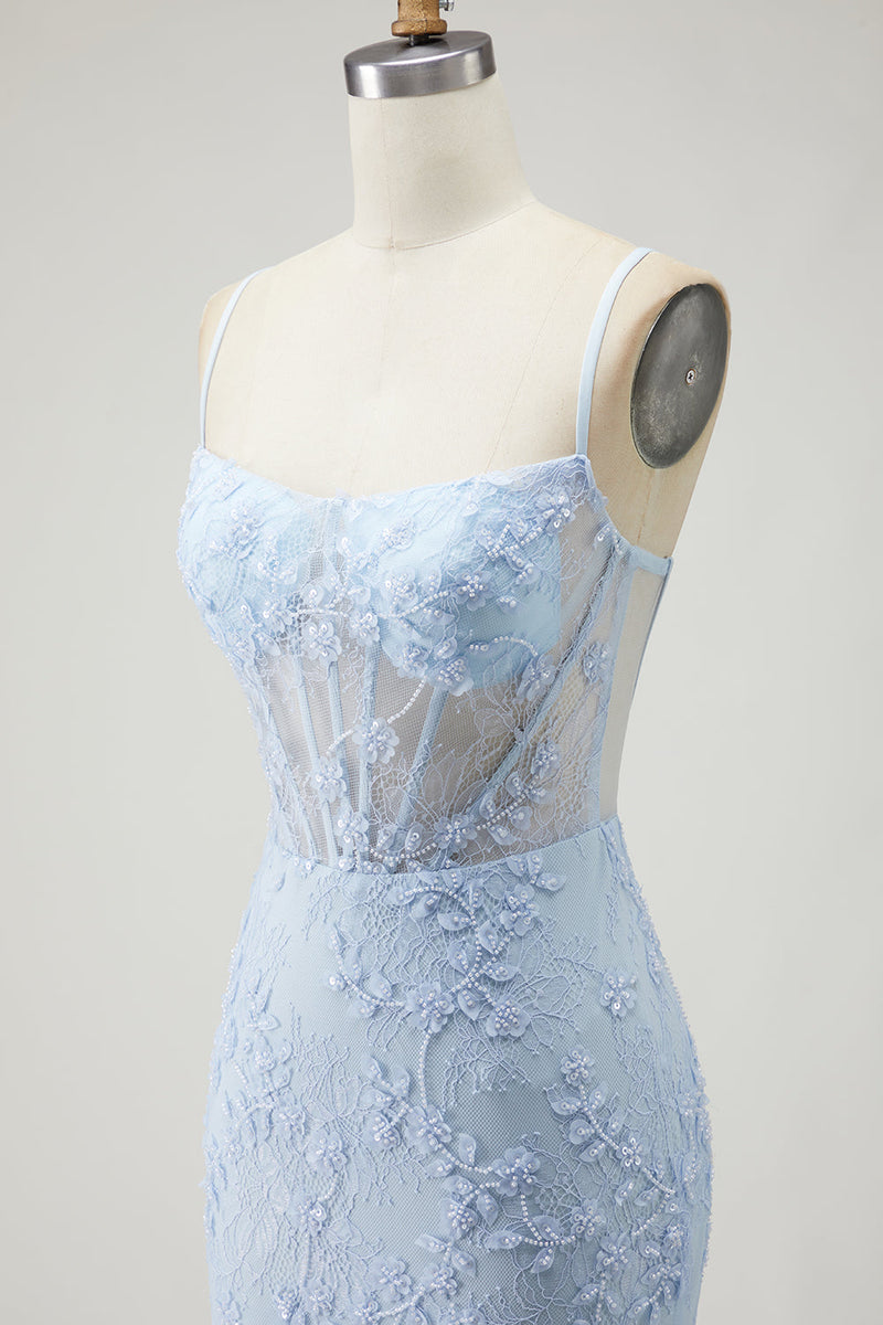 Laden Sie das Bild in den Galerie-Viewer, Blaues Meerjungfrauen Applikationen Korsett Spitze Langes Ballkleid mit Schlitz