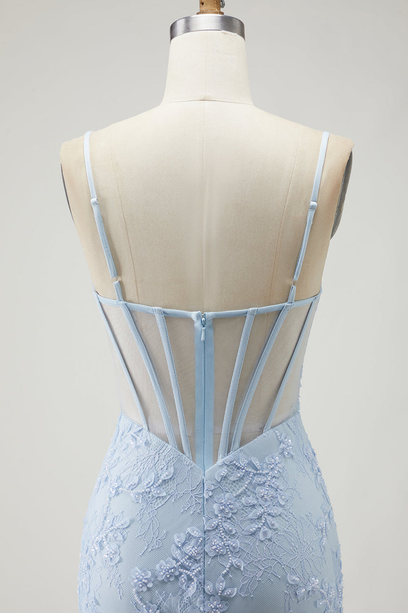 Laden Sie das Bild in den Galerie-Viewer, Lila Meerjungfrauen Transparentes Korsett Spaghettiträger Spitze Perlen Langes Ballkleid mit Schlitz