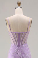 Laden Sie das Bild in den Galerie-Viewer, Lila Meerjungfrauen Transparentes Korsett Spaghettiträger Spitze Perlen Langes Ballkleid mit Schlitz