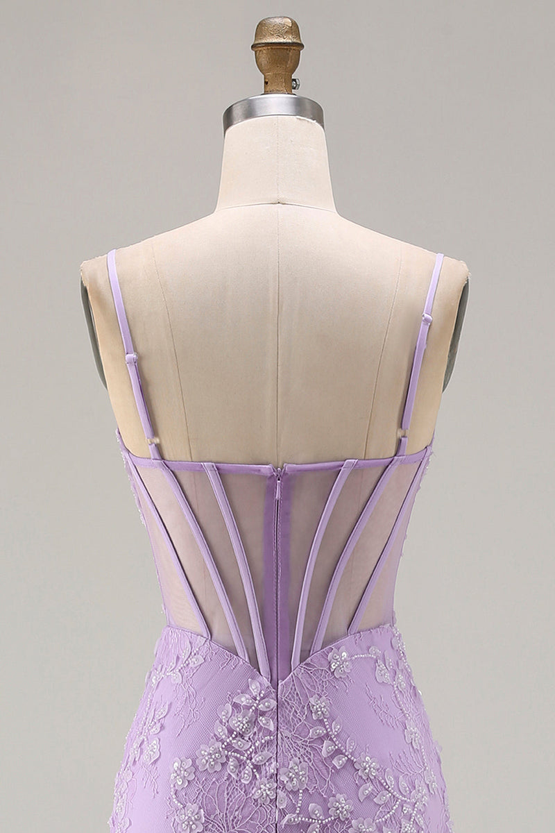 Laden Sie das Bild in den Galerie-Viewer, Lila Meerjungfrauen Transparentes Korsett Spaghettiträger Spitze Perlen Langes Ballkleid mit Schlitz