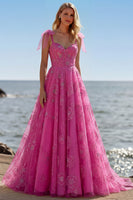 Laden Sie das Bild in den Galerie-Viewer, Fuchsia A-Linie Perlen Blumen Burnot Langes Ballkleid mit Schnürung