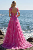 Laden Sie das Bild in den Galerie-Viewer, Fuchsia A-Linie Perlen Blumen Burnot Langes Ballkleid mit Schnürung