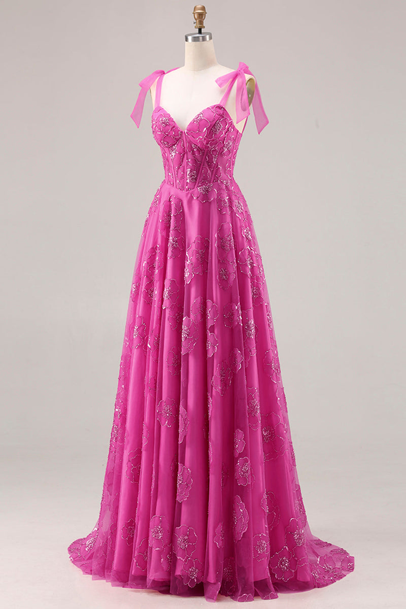 Laden Sie das Bild in den Galerie-Viewer, Fuchsia A-Linie Perlen Blumen Burnot Langes Ballkleid mit Schnürung