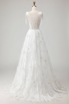 Weißes Besticktes Tüll Korsett A-Linie Spaghettiträger Langes Hochzeitskleid mit BowKnot