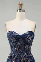 Laden Sie das Bild in den Galerie-Viewer, Marineblaues Herzausschnitt A-Linie Pailletten Korsett Langes Ballkleid mit Schlitz