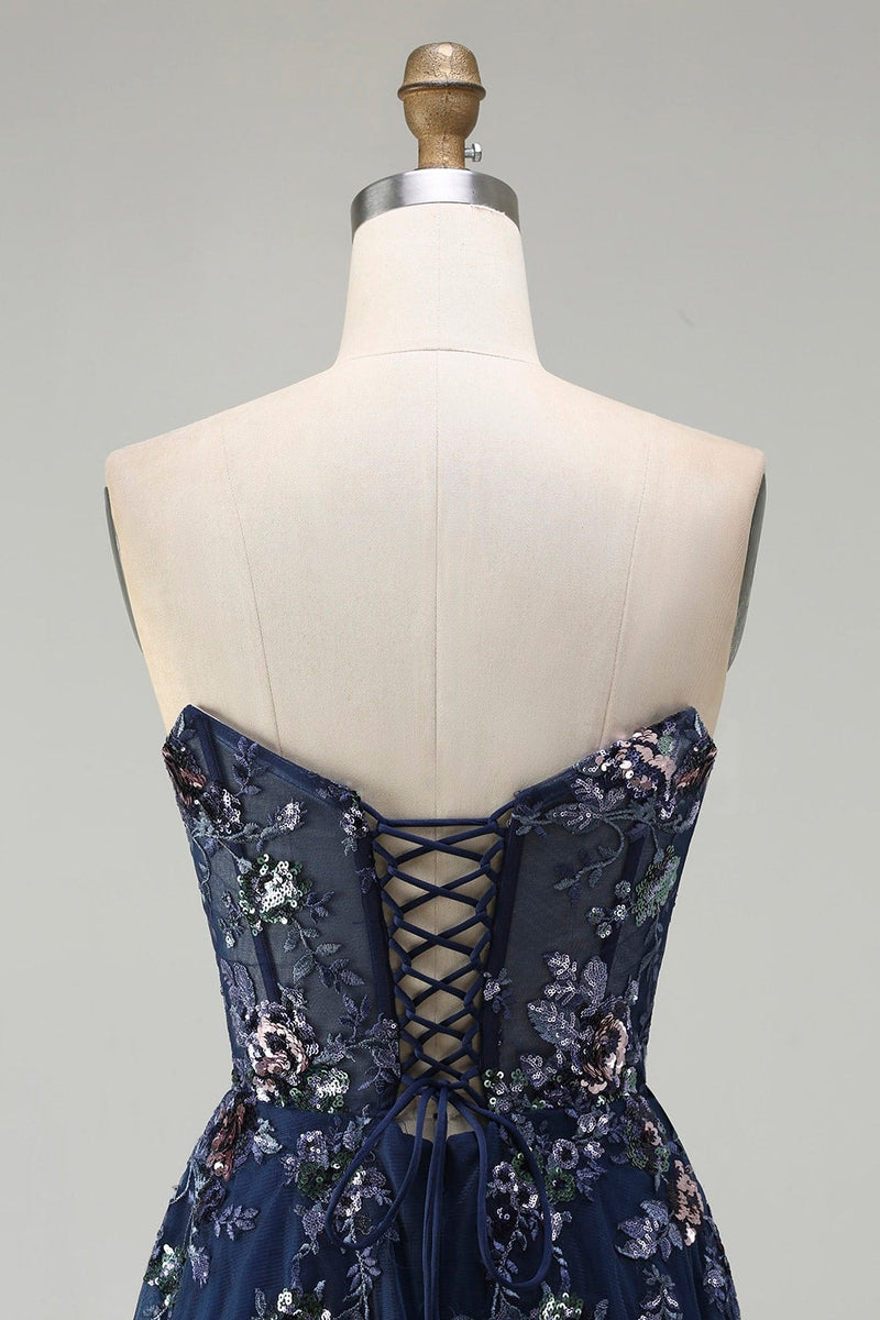 Laden Sie das Bild in den Galerie-Viewer, Marineblaues Herzausschnitt A-Linie Pailletten Korsett Langes Ballkleid mit Schlitz