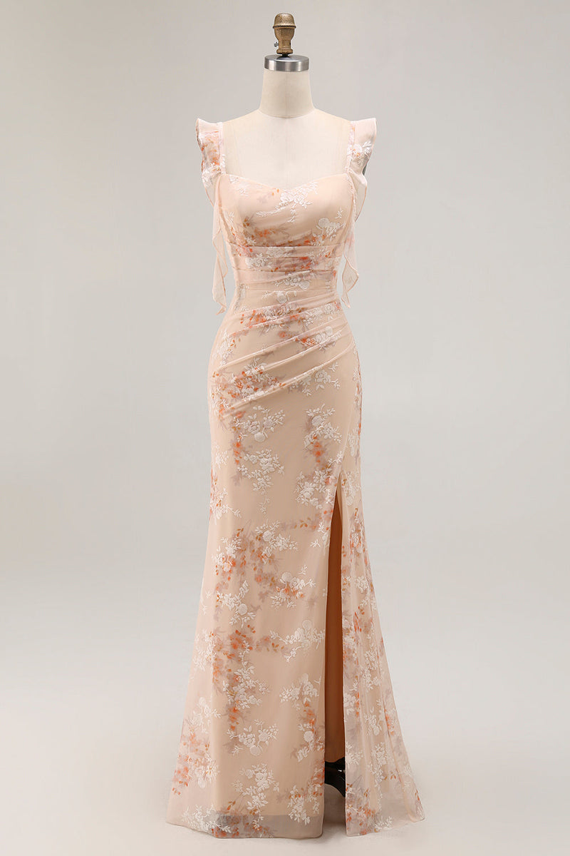 Laden Sie das Bild in den Galerie-Viewer, Champagner Blumen Etui Langes Brautjungfernkleid mit Schlitz