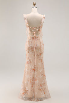 Champagner Blumen Etui Langes Brautjungfernkleid mit Schlitz