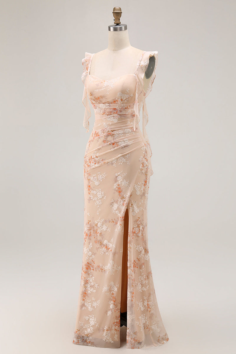 Laden Sie das Bild in den Galerie-Viewer, Champagner Blumen Etui Langes Brautjungfernkleid mit Schlitz